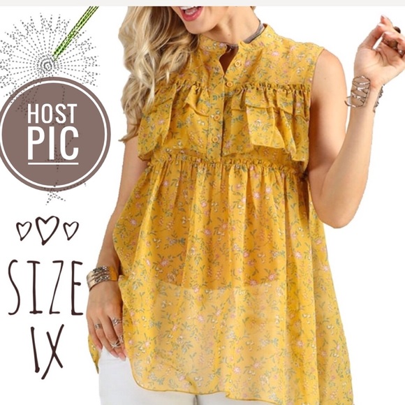 Suzanne Betro Tops - Marigold Floral Ruffle Sleeveless Tunic